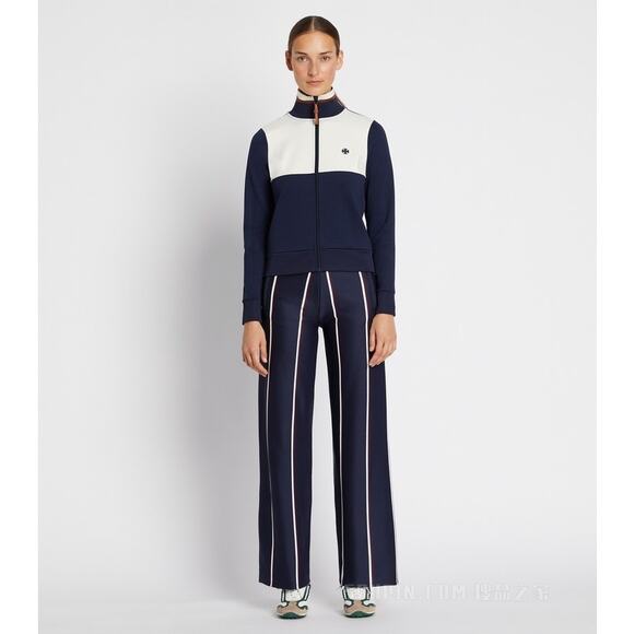 Tory Burch Sport Mini Double Stripe Wide Leg Trousers Pants Navy Blue Small Luxe - Picture 2 of 10